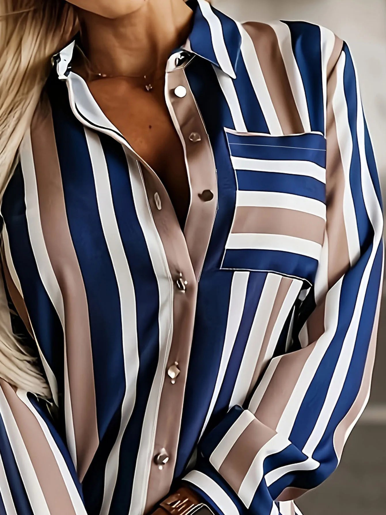 Plus Size Casual Blouse Women's Stripe Print Long Sleeve Button Up Lapel Collar Shirt Top Milanni Fashion