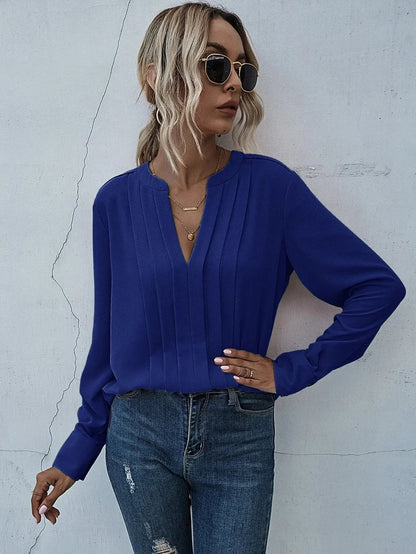 Josephine | Elegant pleated V-neck blouse with graceful feminine drape