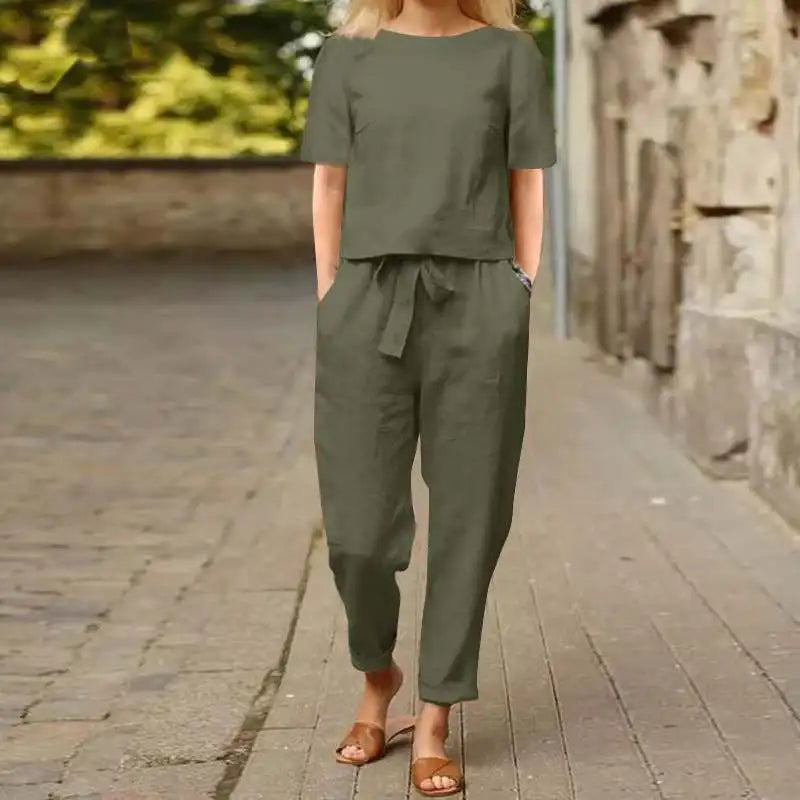 Pullover Shirt and Pants Two-Piece Set Short Sleeved O-Neck Outfit Stylish and Comfortable Ensemble Milanni Fashion Green M