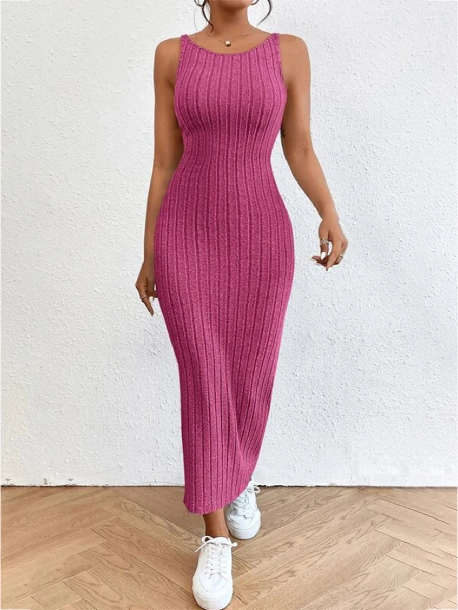 Backless Knit Bodycon Long Dress Women's Sleeveless O Neck Tank Dress Midi Dress Milanni Fashion Rose Red M 