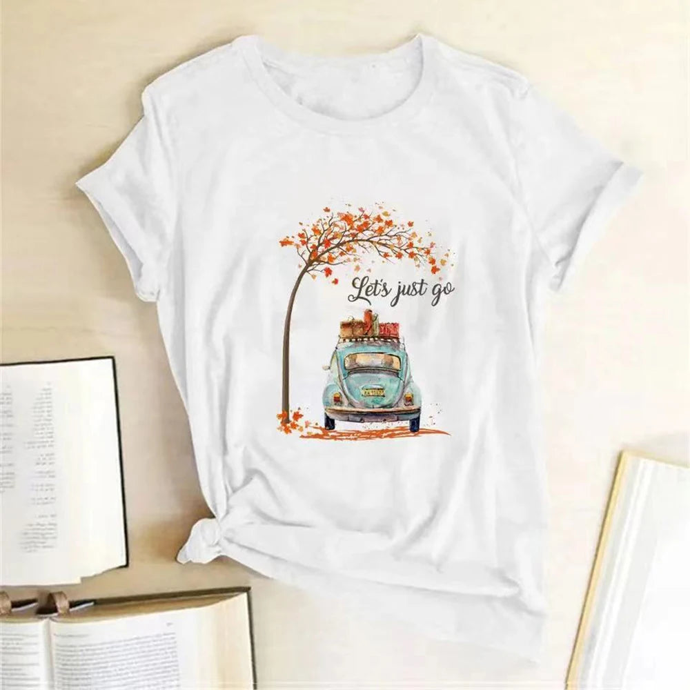 T-Shirt with Letter & Car Print Fashion Graphic Tee for Girls Short Sleeve Stylish Casual Outfit Top Milanni Fashion White S