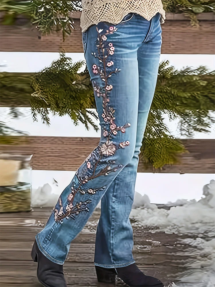 Fashion Vintage Embroidery Jeans for Women Flower Pants Plus Size Straight Leg Mid Waist Denim Trousers Milanni Fashion