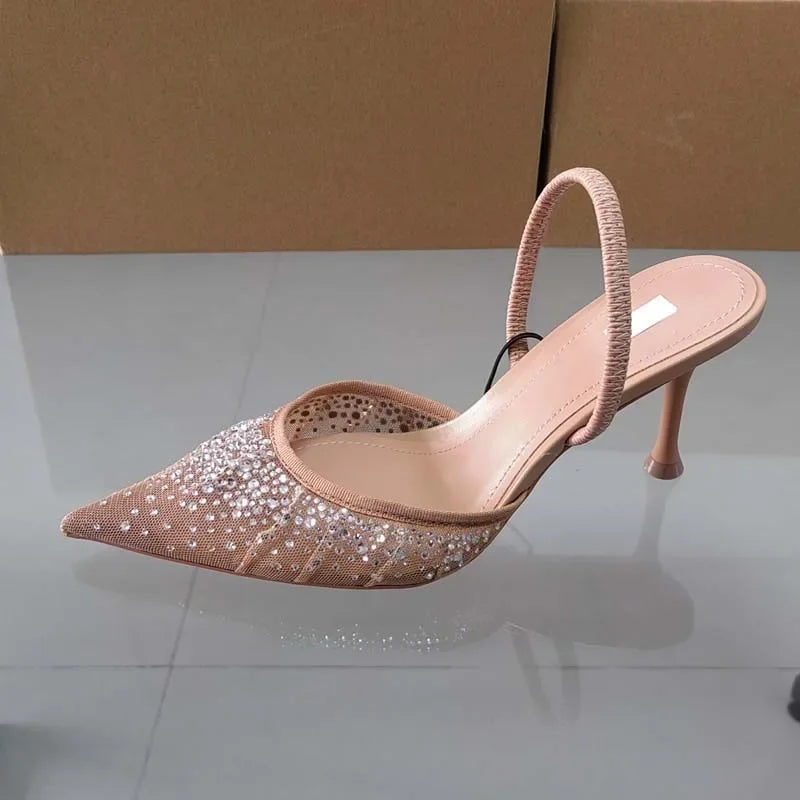 Luxury Broken Drill Diamond Mesh Fabric Sandals Elegant Pointed Toe High Heels Shoes Stylish and Chic Milanni Fashion