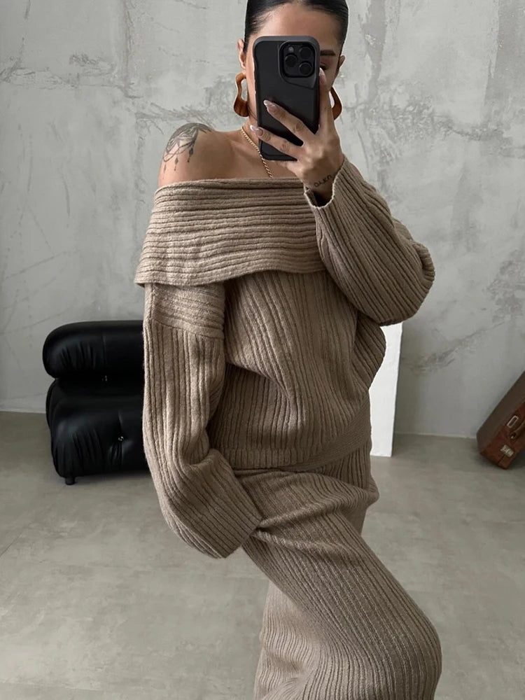 Off Shoulder Sweater Pullover Top Slim Skirt Suit Fashion Office Outfit Winter Knitted Two Piece Set for Women Milanni Fashion