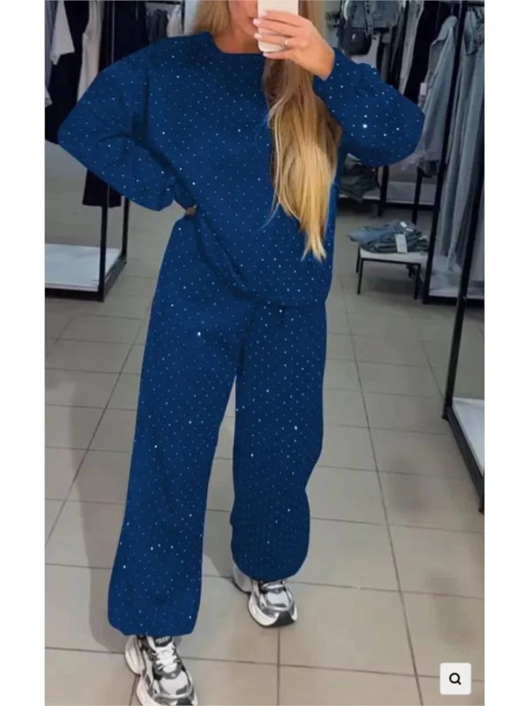 Fall Winter Shiny Leisure Suit Women Clothing O Neck Sweatshirt Pullover Tie-up Pants Tracksuit  Milanni Fashion   