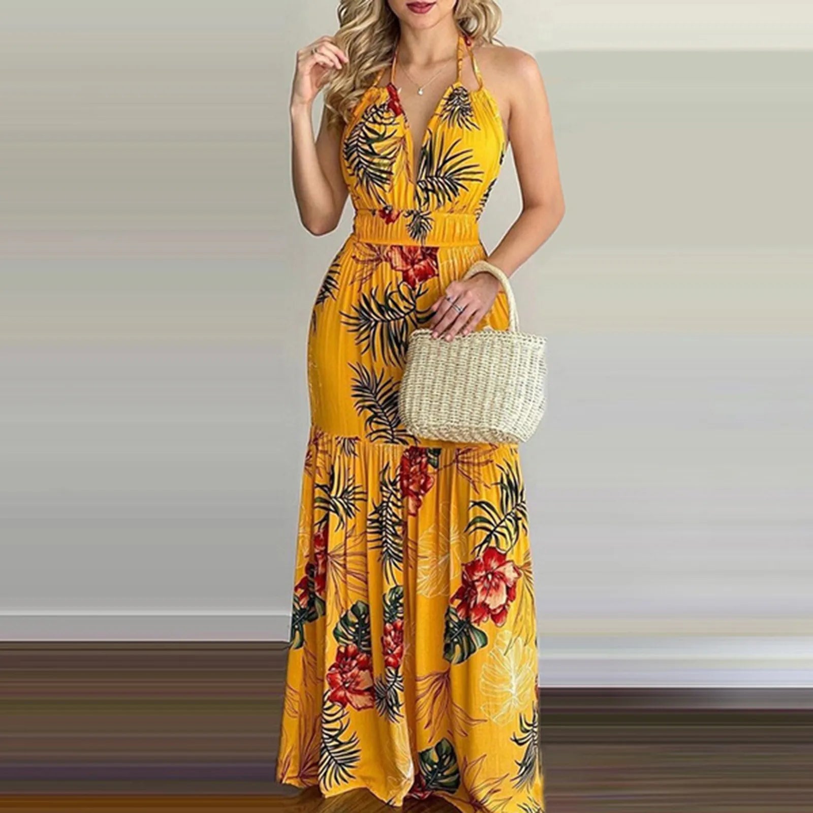 Bohemian Floral Casual Dress Sexy Backless Halter Strapless Beach Sundress Maxi Dress Milanni Fashion   