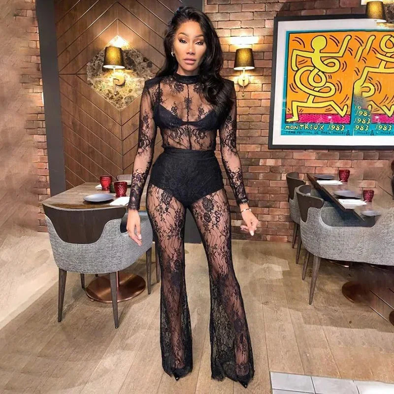 Black Lace Sheer Sexy Night Club Long Sleeve One-Piece Wide Leg Jumpsuit for Women Summer Outfit Milanni Fashion