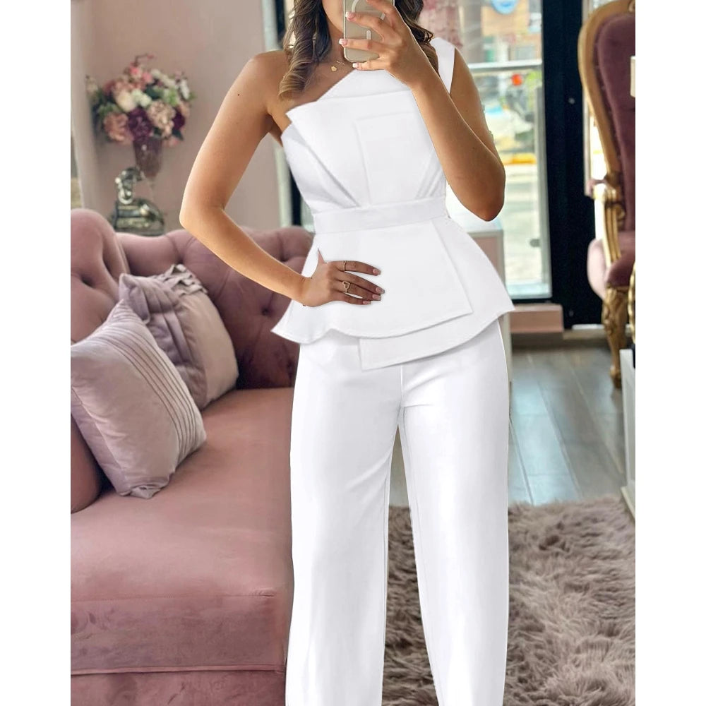 One Shoulder Ruched Top & Straight Leg Pants Set Elegant Solid Color Two Piece Set Two piece set Milanni Fashion   