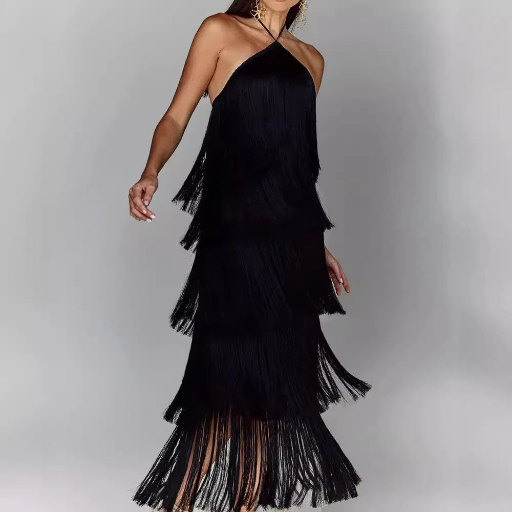 Fashion Neck Fringed Backless Slit Dress Elegant Stylish Sleeveless Gown Perfect For Events Maxi Dress Milanni Fashion   