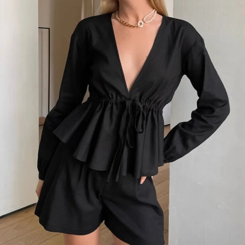 Elegant Black V-Neck Long-Sleeve Top & Shorts for Fashion Women's Spring 2-Piece Set Milanni Fashion