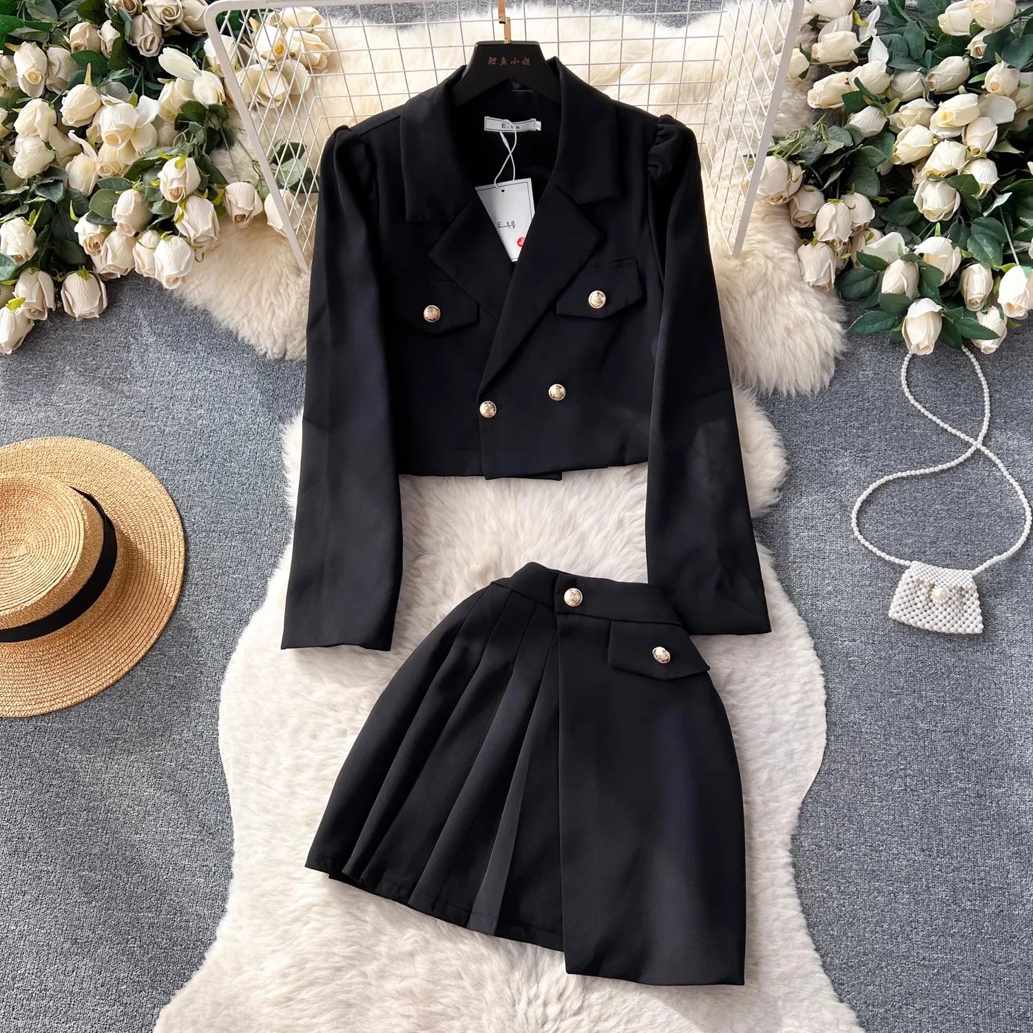 Crop Top Blazer & Mini Skirt Sweet Suit Ensemble Women's Fall Vintage Two Piece Set Milanni Fashion Black S