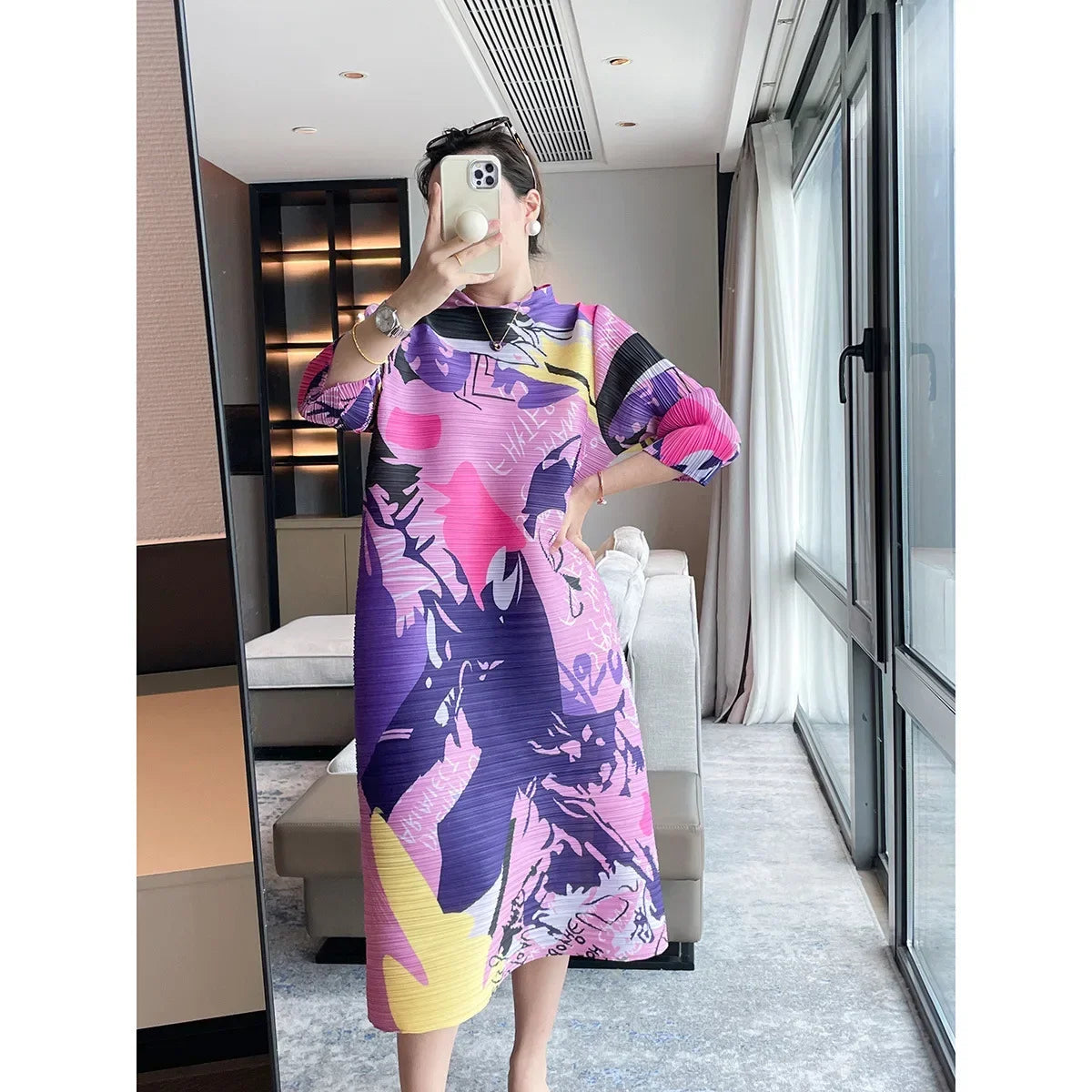 Fall New Senior Sense of Printing Loose Pleated Dress Women Temperament Ageing Thin Dress  Milanni Fashion   