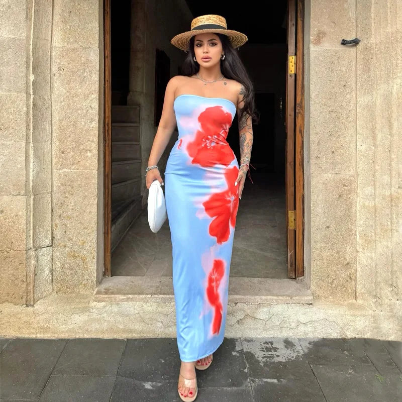 Sexy Strapless Print Tube Maxi Dress Women Off Shoulder Backless Stretch Long Sundress Maxi Dress Milanni Fashion Blue L 