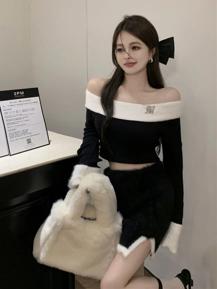 Sexy Wool Vintage Two Piece Set Women Fashion Warm Party Off Shoulder Top & Slim Mini Skirt Milanni Fashion