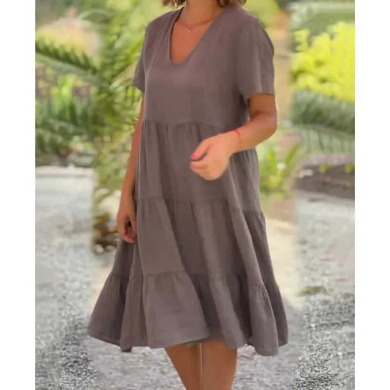 Trendy V-Neck Pullover Dress Loose Mid-Length Swing Casual Summer Dress for Women Milanni Fashion