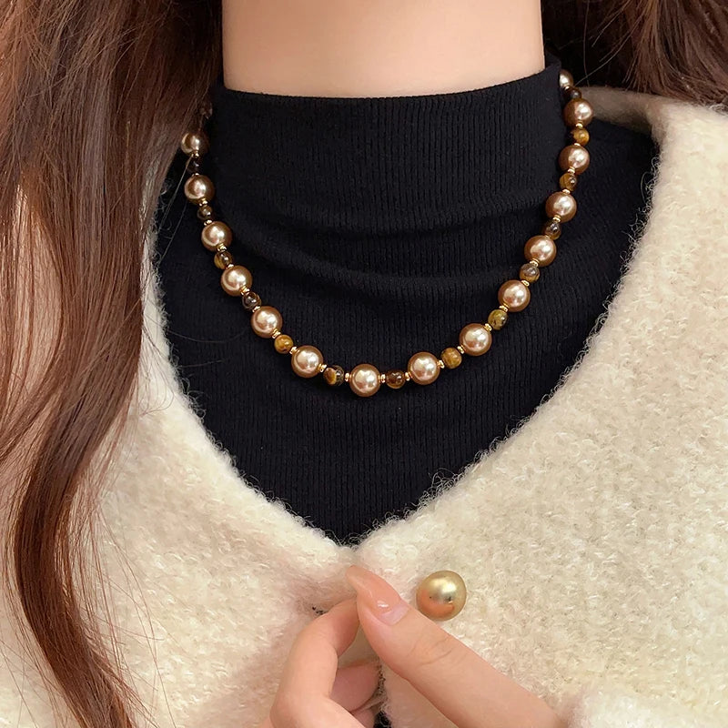 Natural Tiger's Eye & Pearl Bead Necklace for Women Sexy Sweater Chain Pendant Fashion Jewelry Milanni Fashion