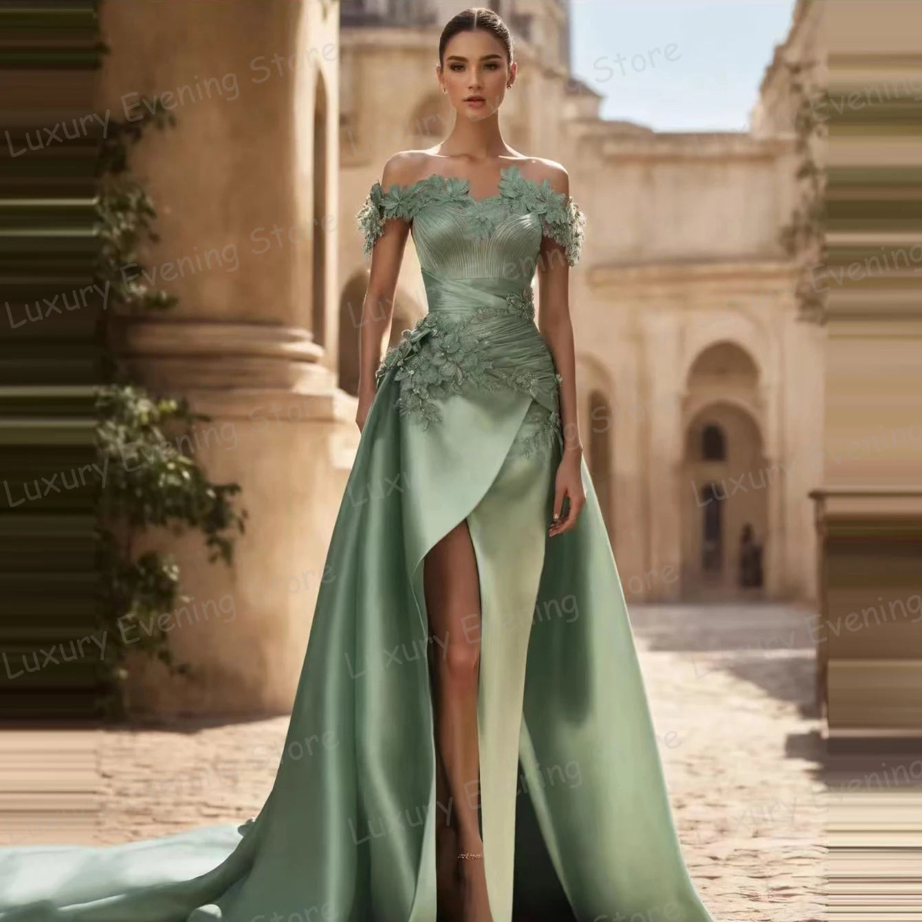 3D Flowers Off Shoulder Sleeveless A Line Luxury Princess Sexy Prom Gown Maxi Dress Milanni Fashion Green 2 CHINA