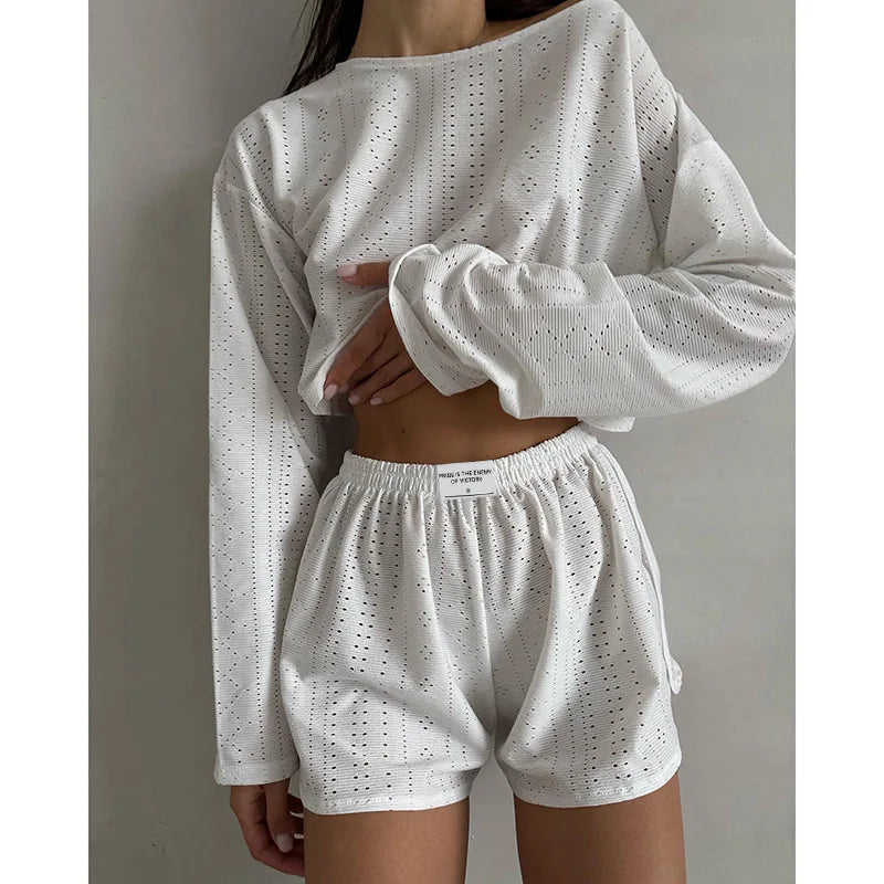 Cozy Long Sleeve Top and Shorts Two-Piece Set Relaxed Round Neck Sleepwear Comfortable Home Wear Milanni Fashion White M