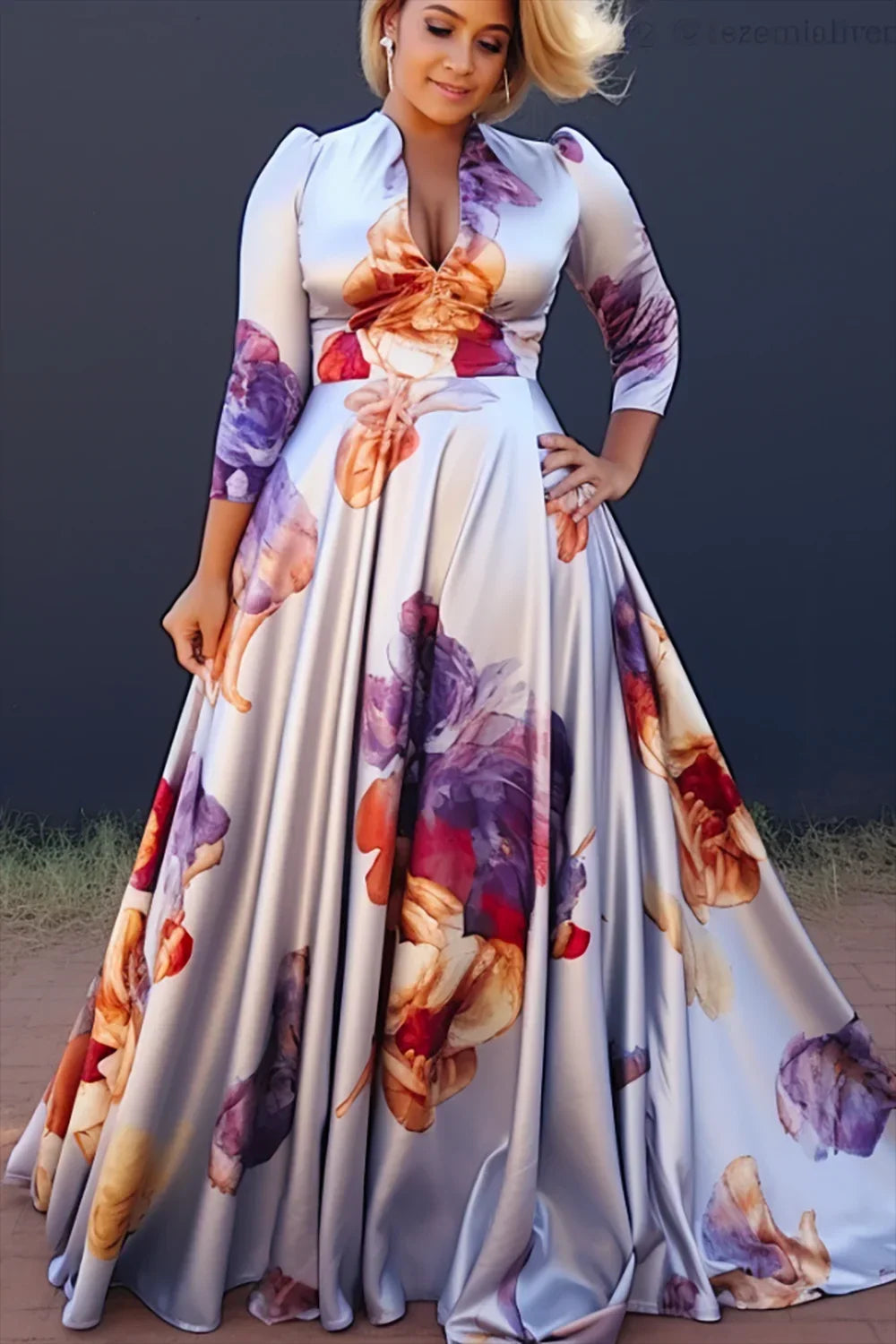 Plus Size Floral Printing Maxi Dress Elegant Multicolor V Neck 3/4 Sleeve Cotton Long Dress Maxi Dress Milanni Fashion Multicolor 1XL 