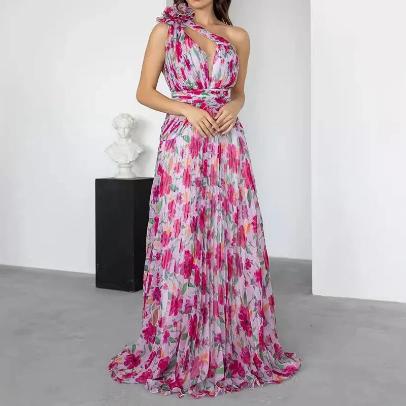 Sexy Diagonal Collar Hollow Out Evening Dress Women Elegant Floral Print Pleated Long Dress Fashion Hight Waist Slim Party Dress Maxi Dress Milanni Fashion   