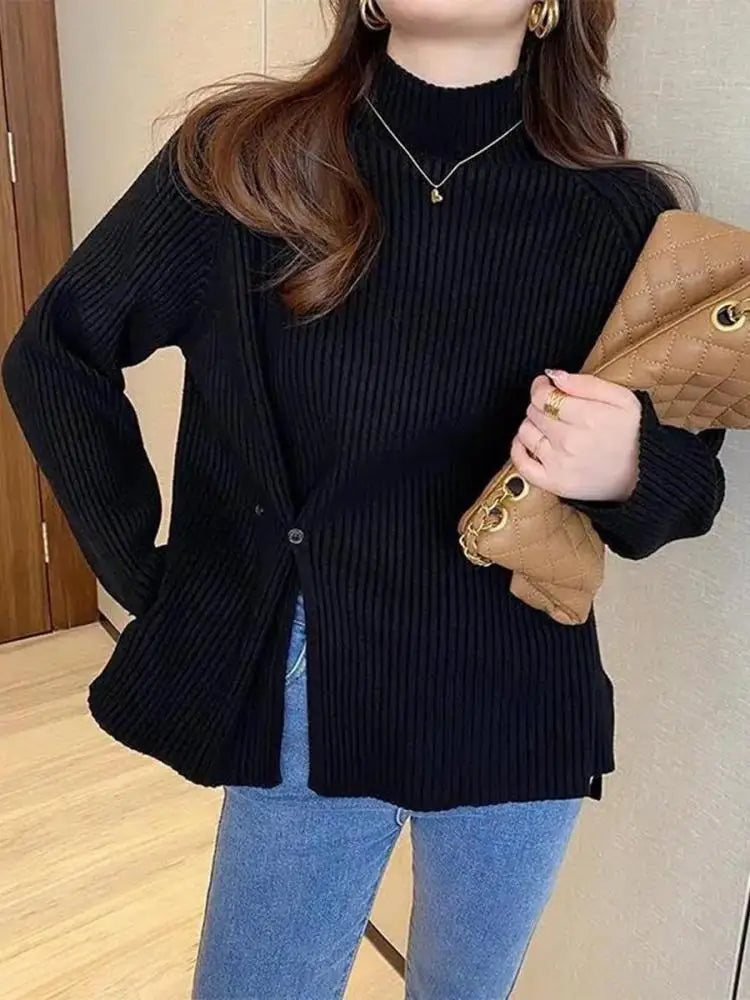 Women Sweater Pullovers Turtleneck Casual Autumn Winter Split Fork Button Chic Sweater  Milanni Fashion black One Size 