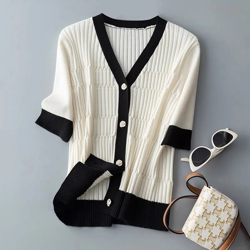 Cashmere Cardigan V-neck Short Sleeved White Black Patchwork Sweater Elegant Women's Knitwear Milanni Fashion Beige L