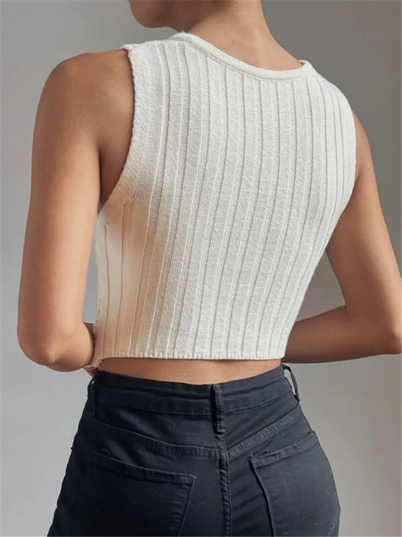 Autumn Women Hollow Out Criss Cross Ribbed Knit Sleeveless Halter Crossfit Crop Top  Milanni Fashion   