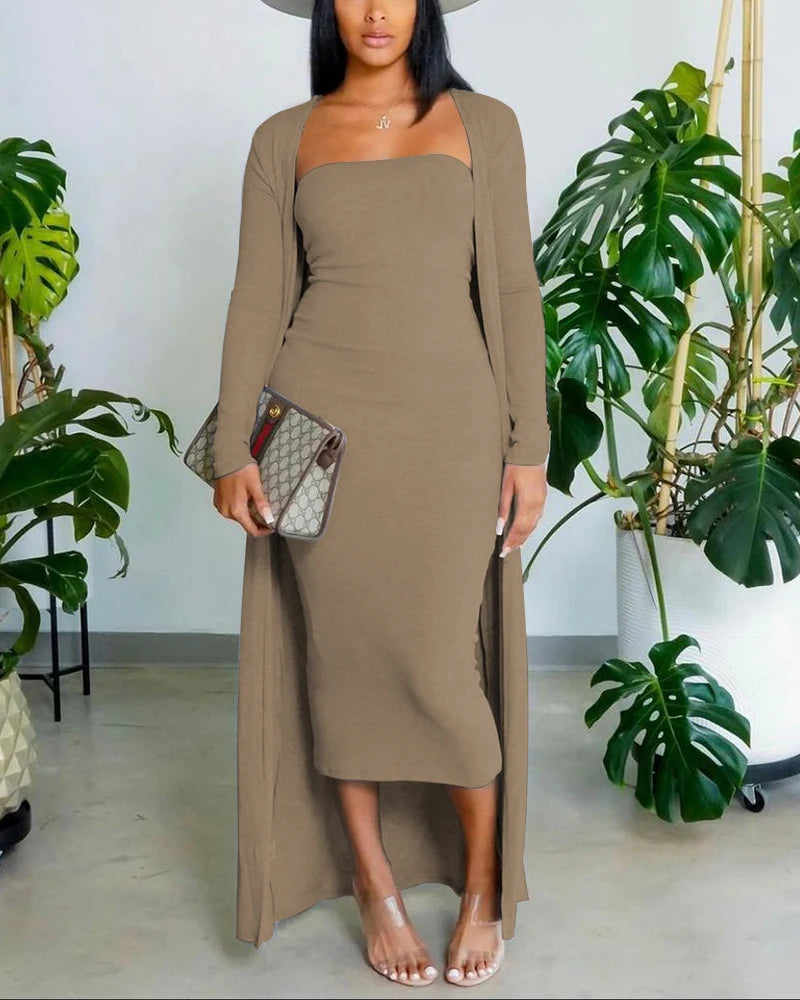 Solid Tube Bodycon Dress & Longline Coat Outfit New Autumn Fashion Women's 2-Piece Set  Milanni Fashion Khaki XXXL 