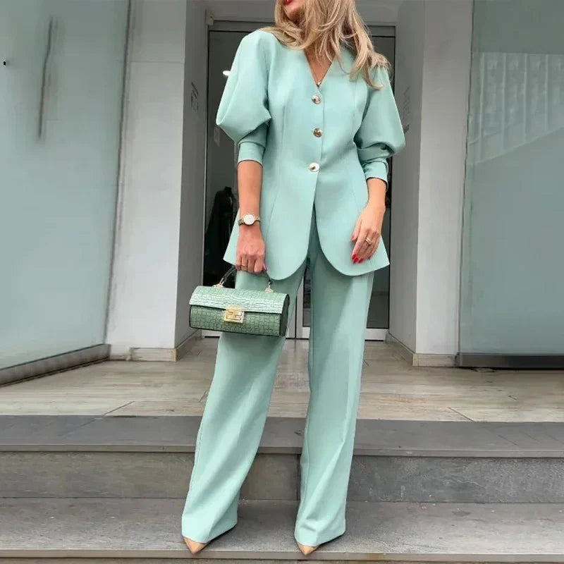 Lantern Sleeve Blazer and Pants Set Spring Fashion Commuter Suit Trendy Women Workwear Set Milanni Fashion Green L