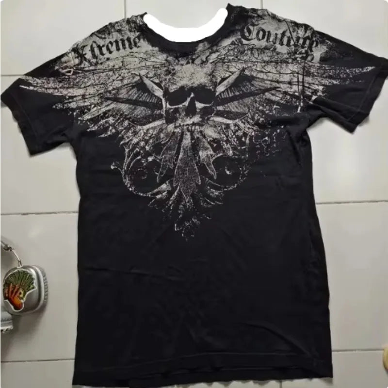 3D Printed American Retro Goth Y2K Affliction Style Tee Gothic Skull Cross Print Graphic T-Shirt for Women Milanni Fashion