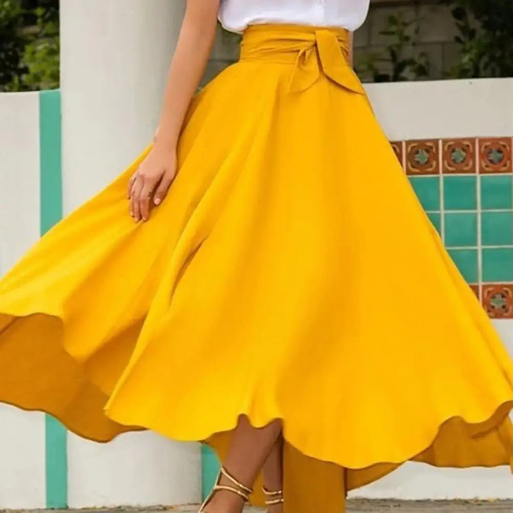 Solid High Waist A-Line Maxi Skirt Slim Fit Bow Belt Flared Pleats Elegant Design for Women Milanni Fashion