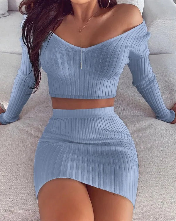 Striped Knit Two-Piece Set Soft V-Neck Off Shoulder Slim Fit Suit for Women Stylish Casual Outfit Milanni Fashion Blue XL