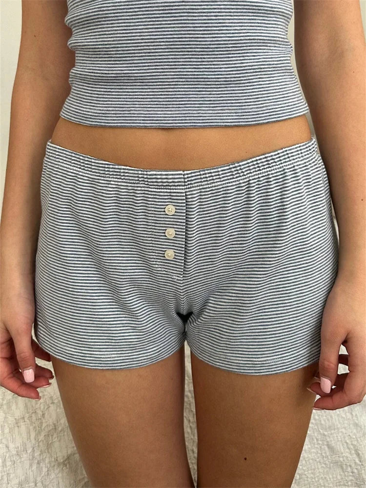 Striped Print Sexy Crop Cami Top and Elastic Waist Shorts Loungewear Set for Women Milanni Fashion