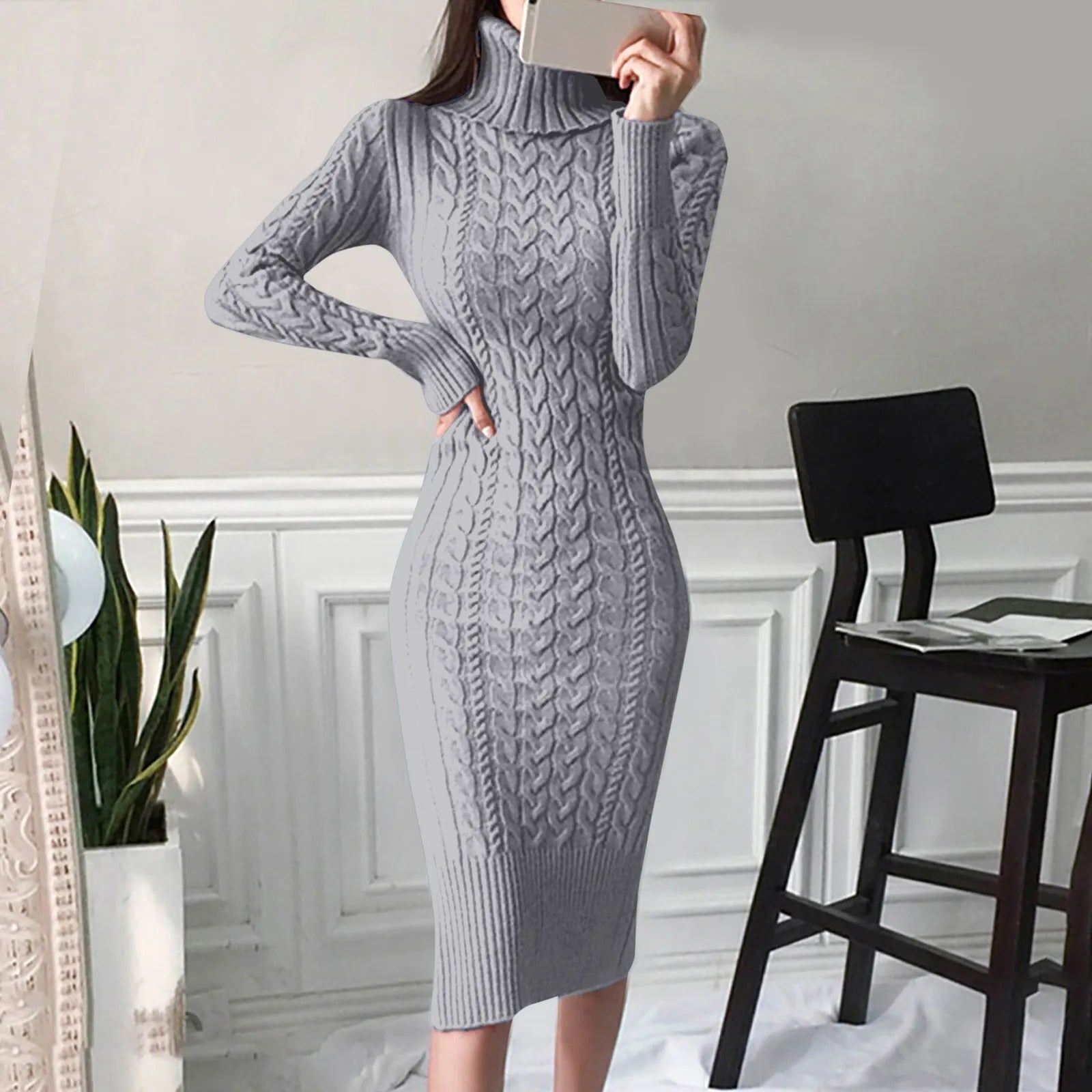 Knitted Dress Turtleneck Long Sleeve Slim and Slim Mid-length Over-the-knee Dress Midi Dress Milanni Fashion Grey L CN