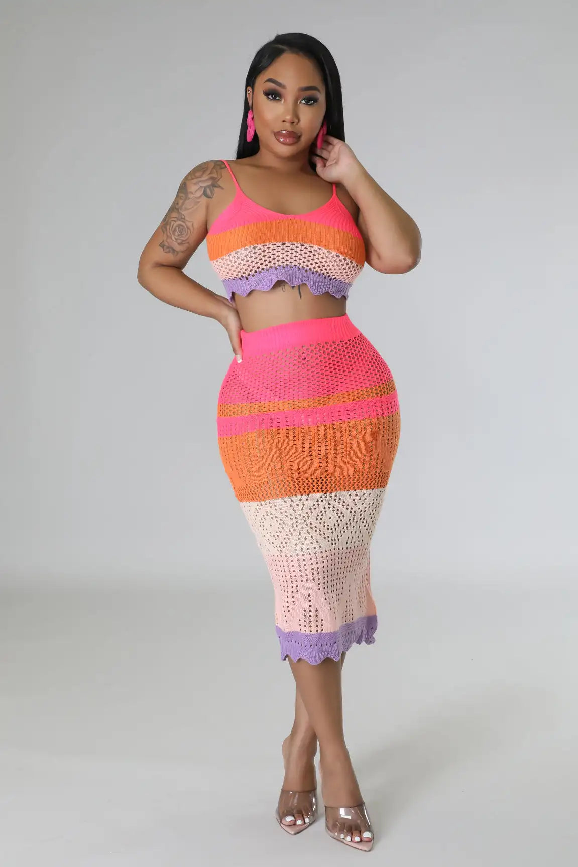 Spaghetti Strap Crop Top and Slit Skirt Crochet Beach Cover-Up Sexy Women's Knitted Two Piece Set Milanni Fashion