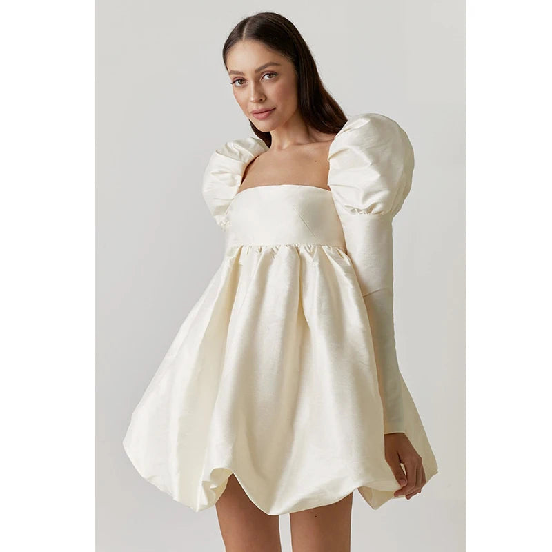 Puff Sleeve Satin Lace-Up Mini Princess Dress Long Sleeve Draped Square Neck Palace Style Dress Milanni Fashion