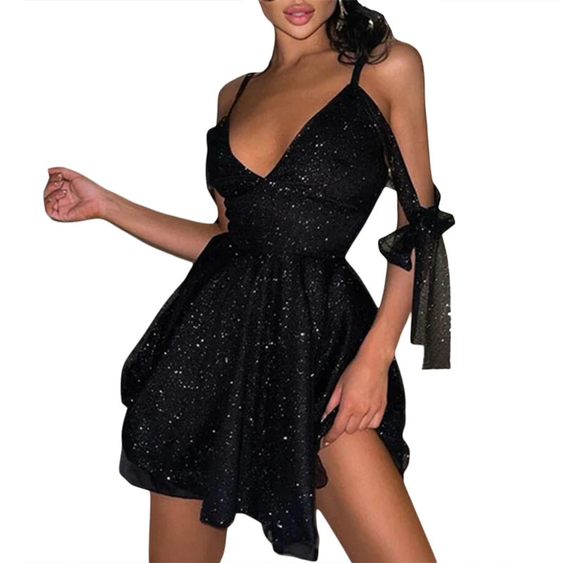 Shiny Off Shoulder Short Dress Solid Spaghetti Strap V-Neck Braces Cocktail Dress  Milanni Fashion black M 