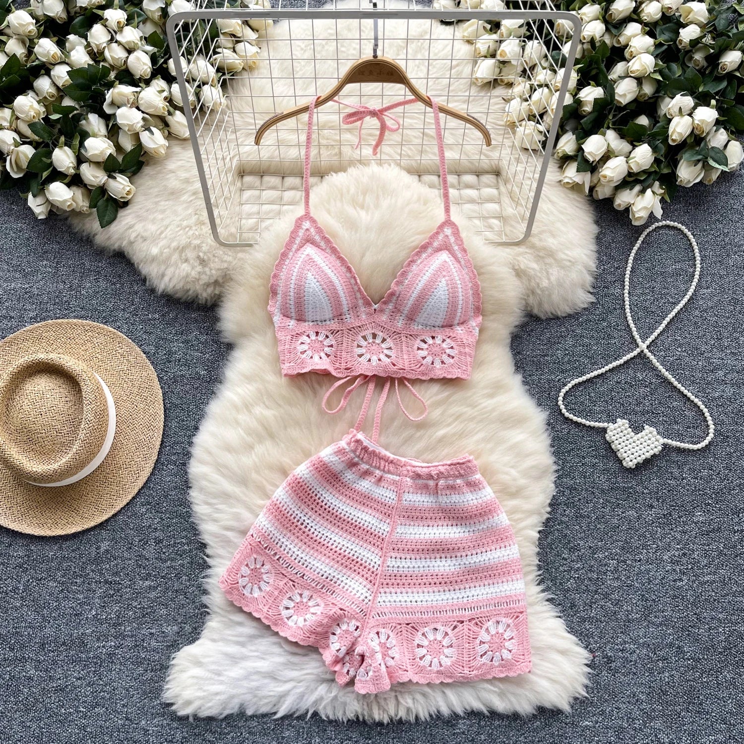 Halter Sleeveless Lace-Up Cami Elastic Waist Shorts Hook Flower Hollow Knit Two-Piece Set for Women Milanni Fashion