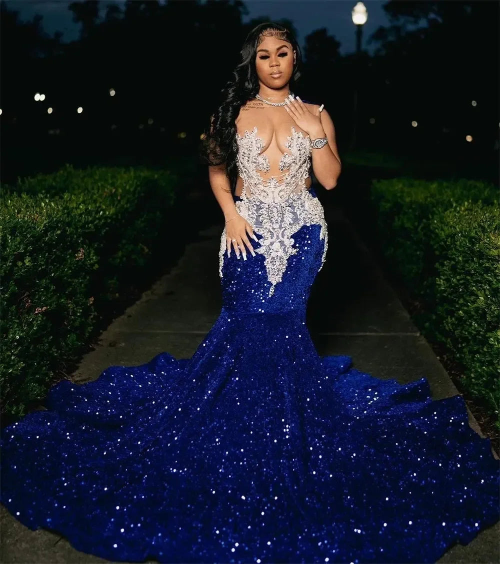 2024 Royal Blue Sequins Beaded Appliques Prom Dresses For Black Girls Sheer Neck Sweep Train Mermaid Formal Occasion Gowns  Milanni Fashion   