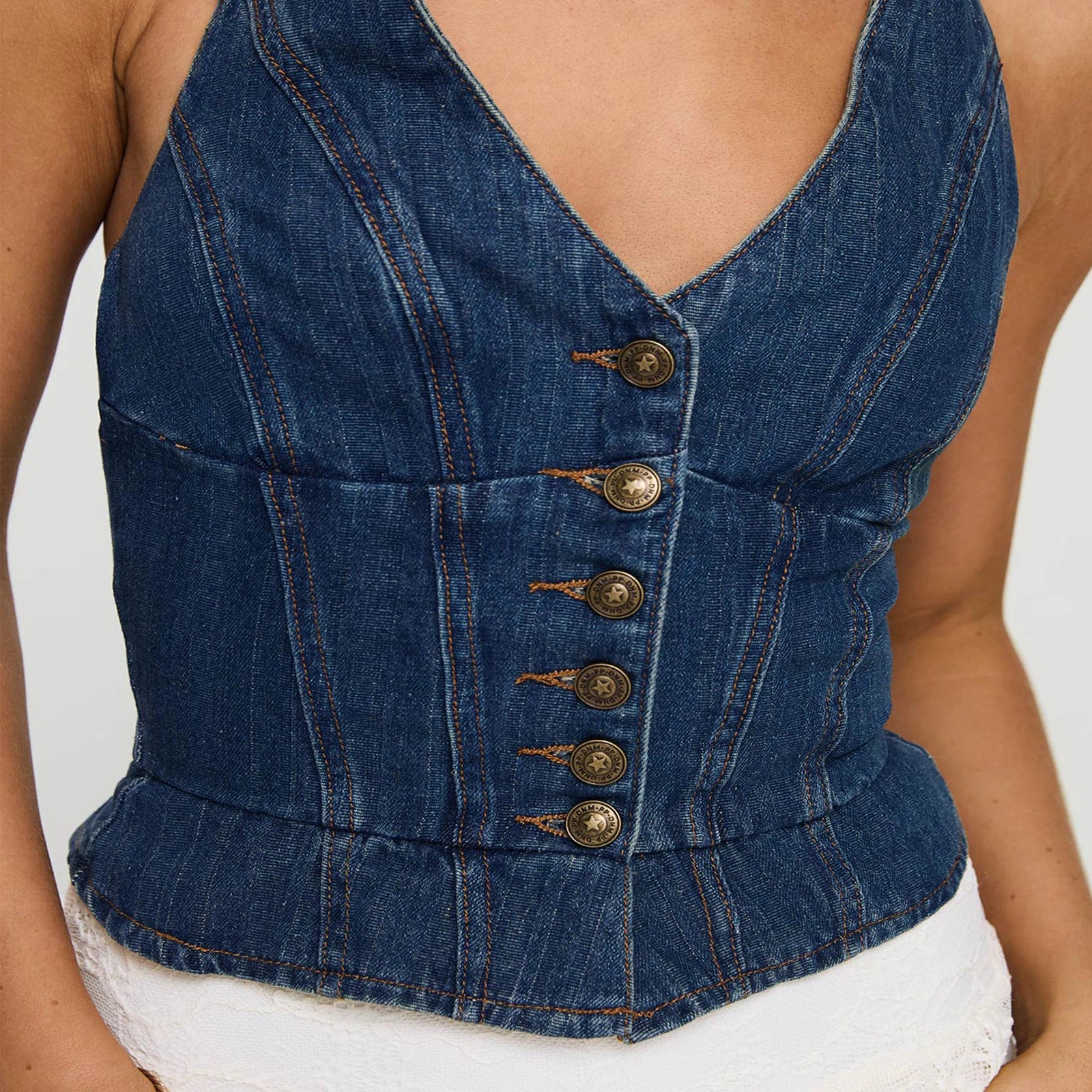 Halter Neck Denim Vest Sleeveless V-Neck Button Up Jean Waistcoat Cropped Tank Top for Women Milanni Fashion