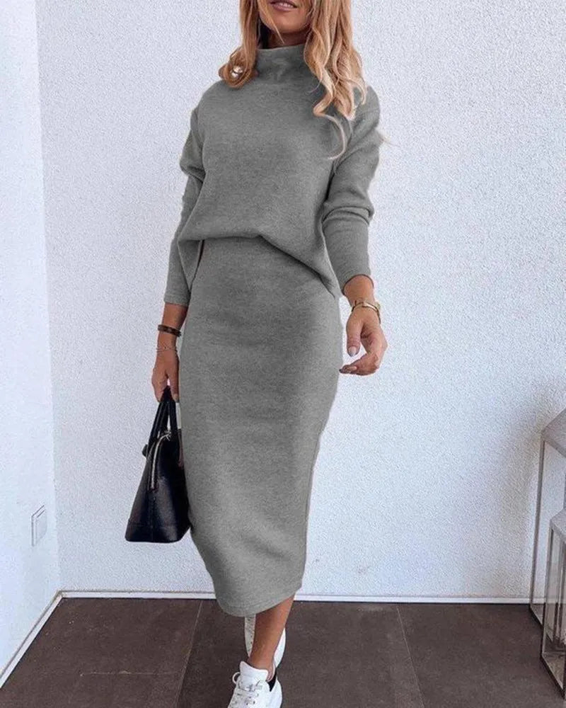 Elegant Turtleneck T-Shirt and Skirt Two-Piece Set Printed Top with Pencil Dress Stylish Outfit for Women Milanni Fashion Gray M