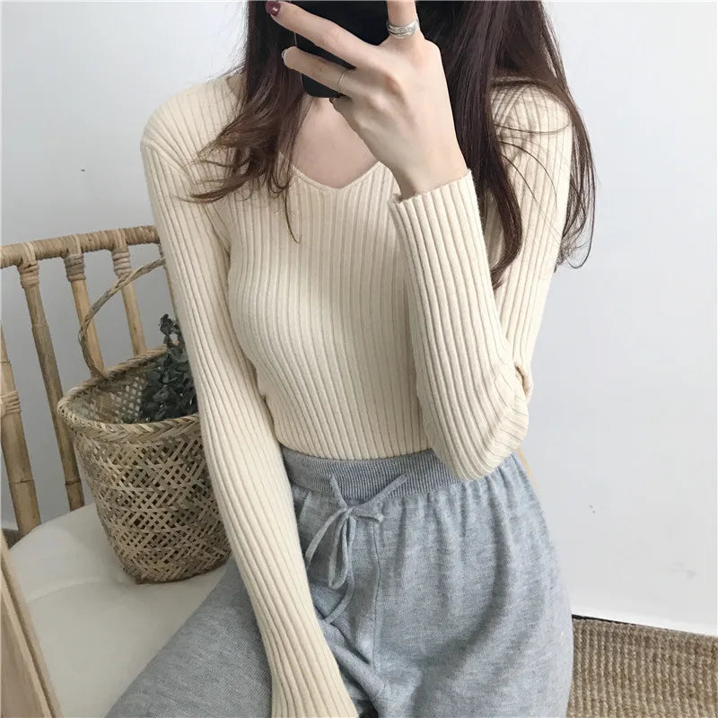 V-Neck Knitted Sweater Slim Fit Winter Pullover Top for Women Stylish and Cozy Casual Wear Milanni Fashion