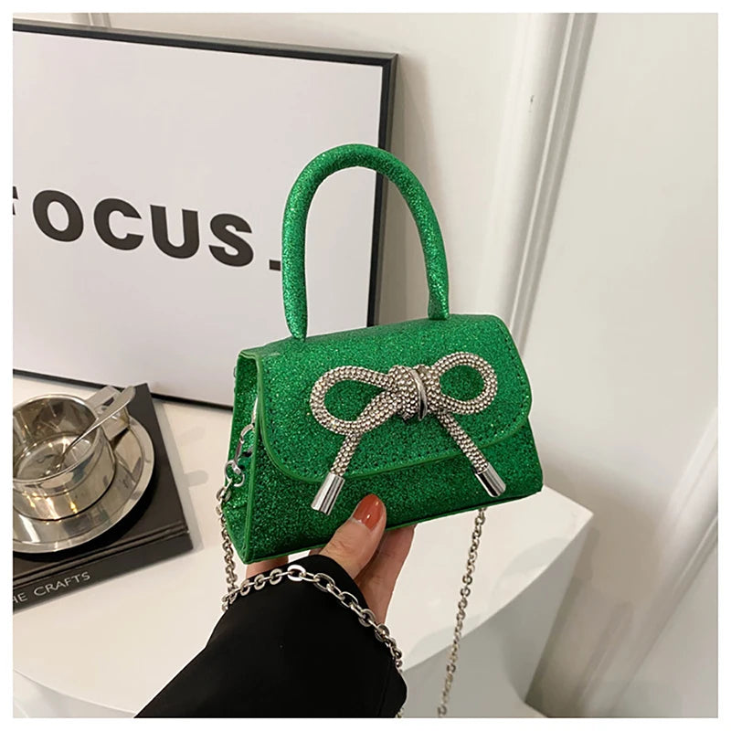 French Light Luxury Diamond Sparkling Mini Handbag Fashion Bowknot Crossbody Bag  Milanni Fashion Green Mini(Max Length<20cm) 