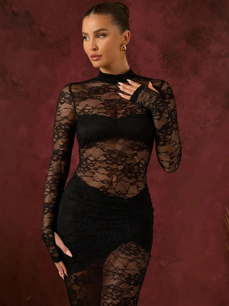 Long Sleeve Bodysuit and Split Skirt Matching Party Outfit Two-Piece Lace Dress Set for Women Milanni Fashion