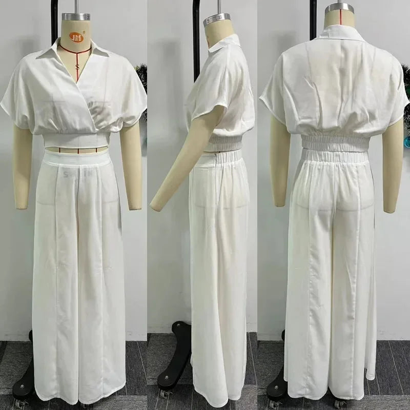 Elegant Fashion 2024 Summer Clothes Shirt Top and Loose Wide Leg Pant Set  Milanni Fashion   