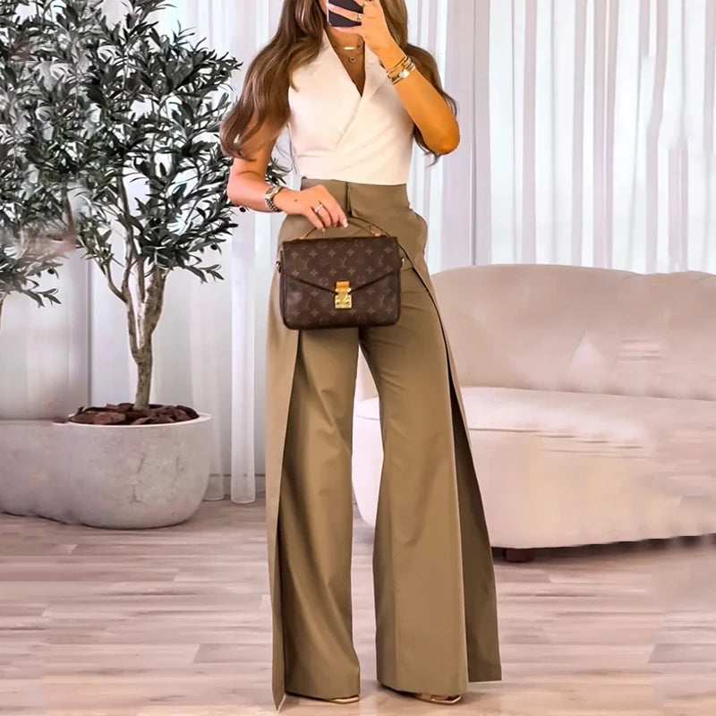 Women Two Piece Set Elegant Solid Lapel Sleeveless Top Casual Loose Wide Legs Pants  Milanni Fashion   