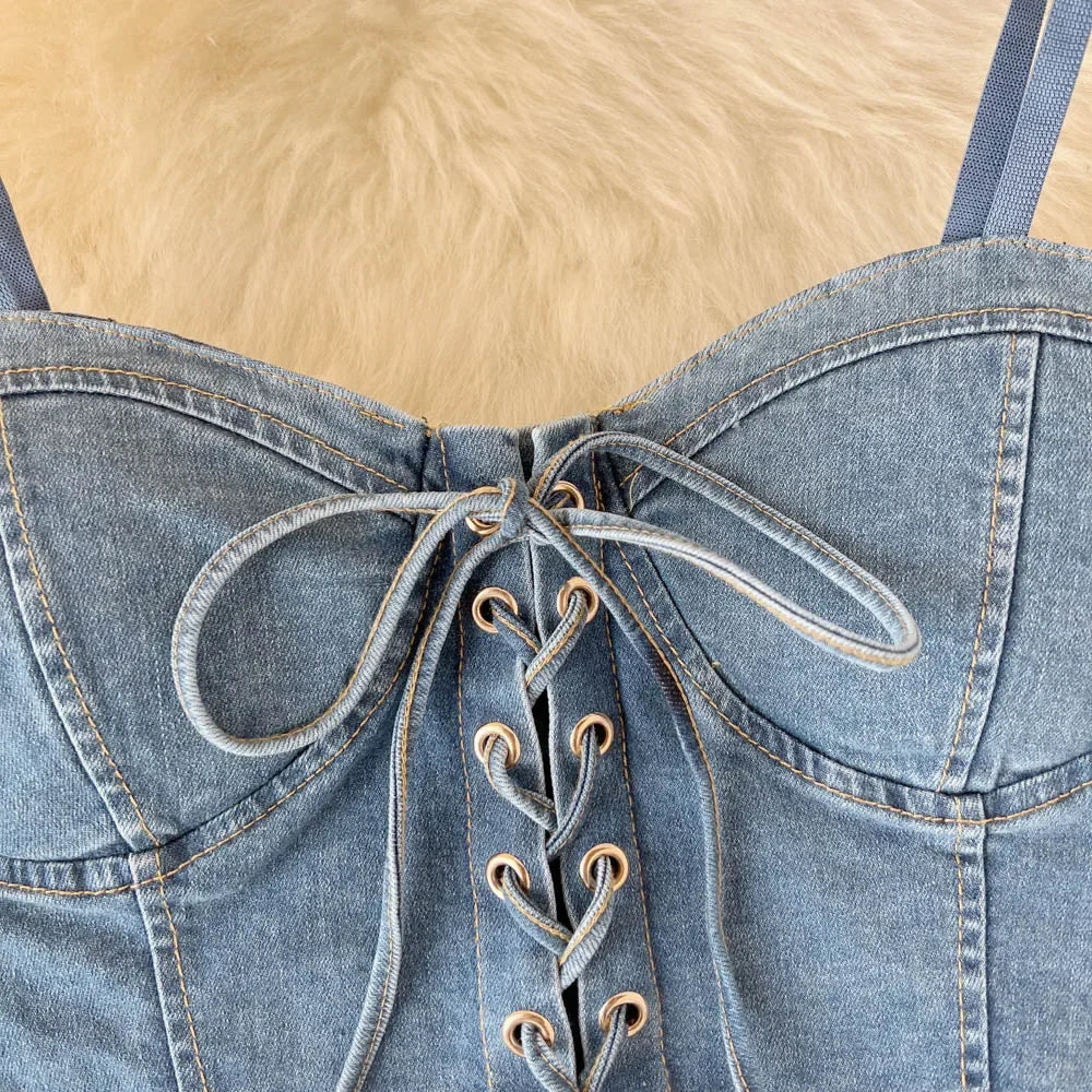 Spaghetti Strap Denim Drawstring Tank Cami for Women Sexy Femme Corset Crop Top Casual Chic Style Milanni Fashion