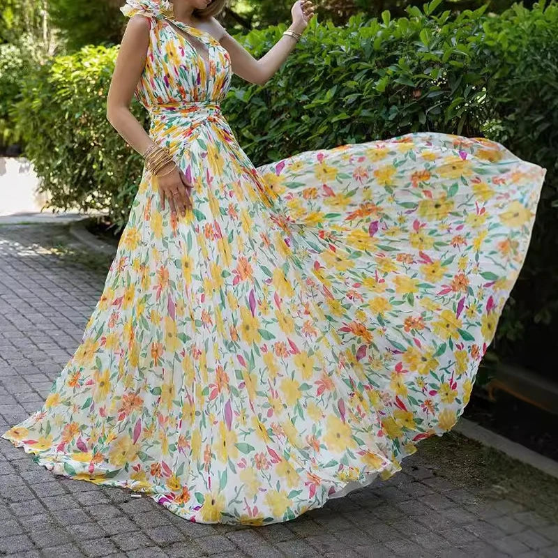 Sexy Diagonal Collar Hollow Out Evening Dress Women Elegant Floral Print Pleated Long Dress Fashion Hight Waist Slim Party Dress Maxi Dress Milanni Fashion 03 Yellow XXXL 