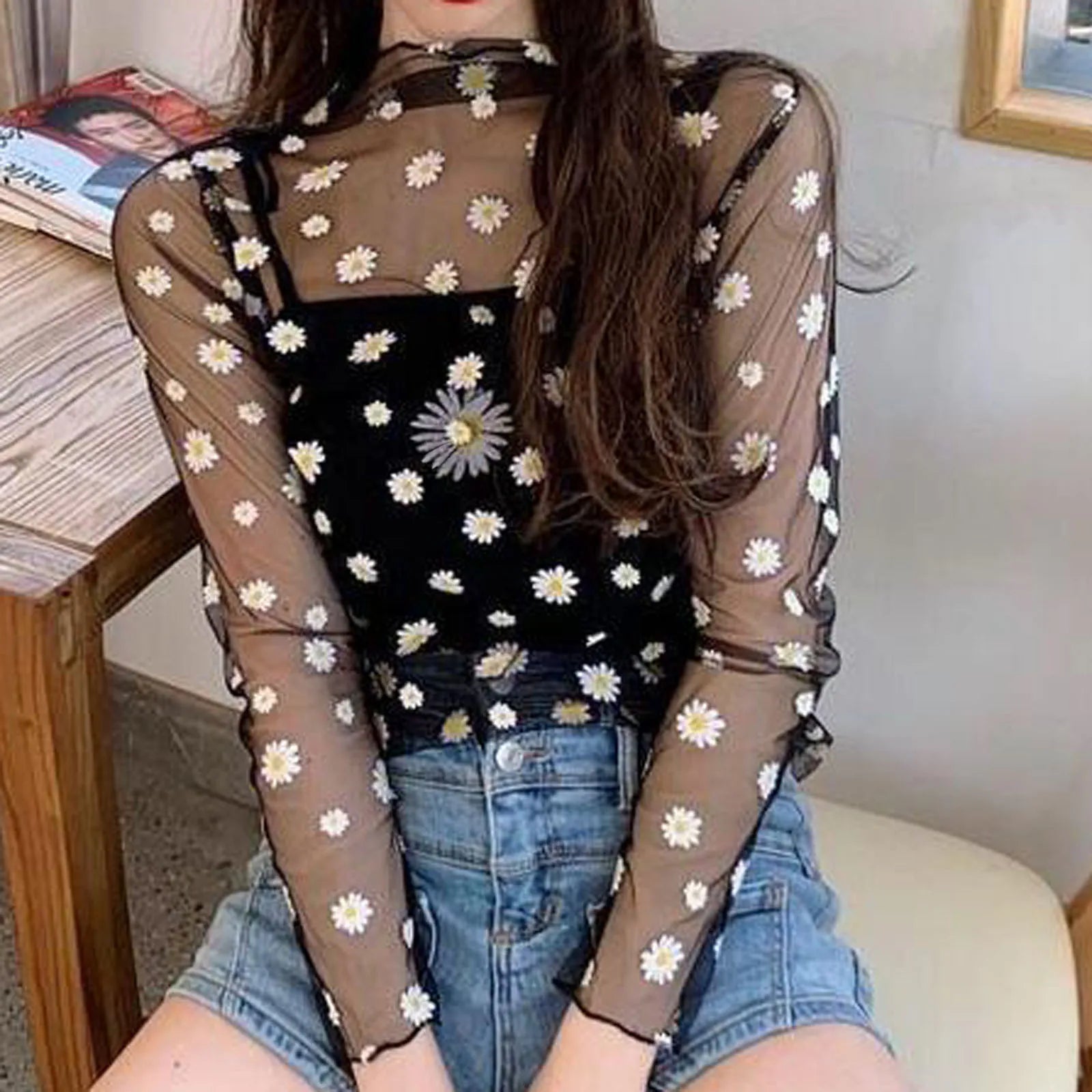 Women Daisy Print Lace Sheer Tops Sexy Tees Long Sleeve Thin Mesh Shirts  Milanni Fashion   