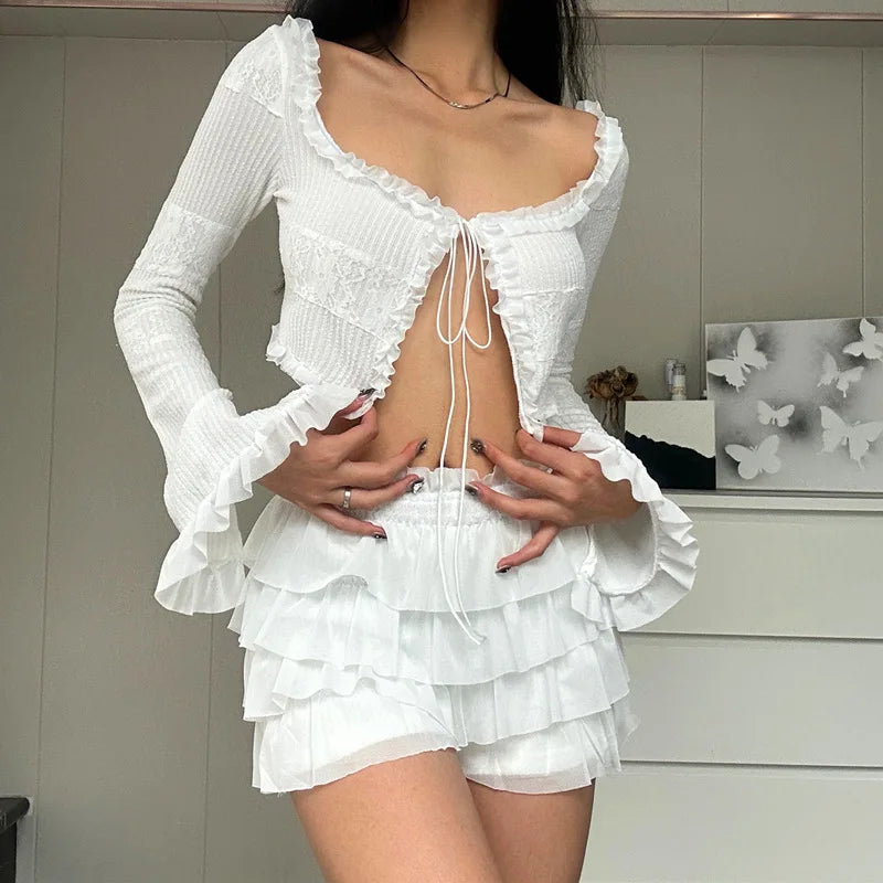 Knit Two Piece Dress Set Women Casual Ruffle Crop Top Fashion Mini Wrap Dress Autumn Winter Skirt Set Milanni Fashion